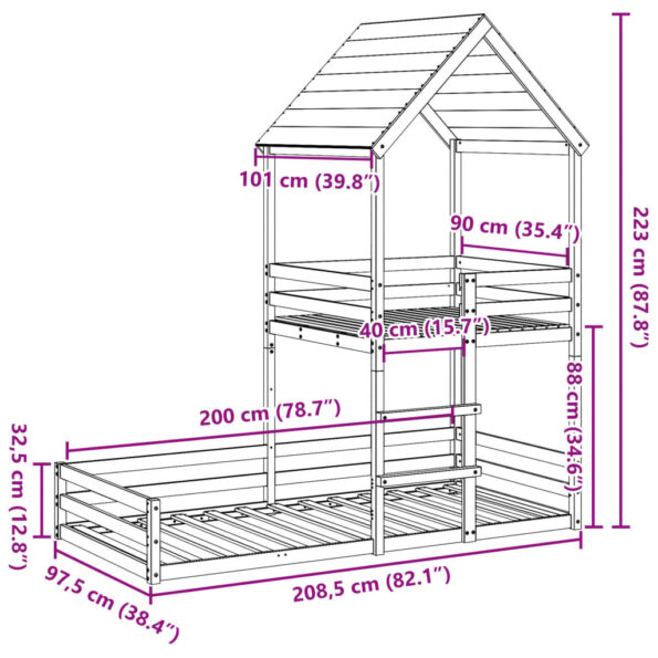 vidaXL Poschodová posteľ so strechou 90x200 cm borovicový masív – Obrázok 9