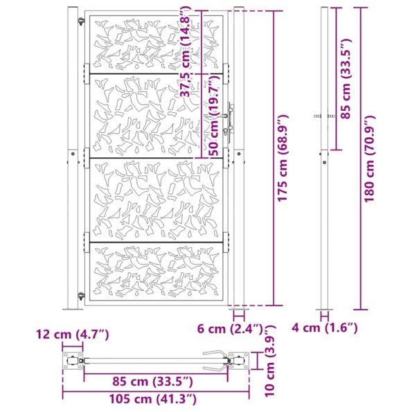 VXL8721158572394_g_en_hd_7.jpg vidaXL Záhradná brána Čierna 105x180 cm Dizajn s oceľovými listami – Obrázok 9