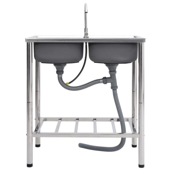 vidaXL Kempingový drez s dvomi umývadlami s kohútikom nehrdzavejúca oceľ – Obrázok 3