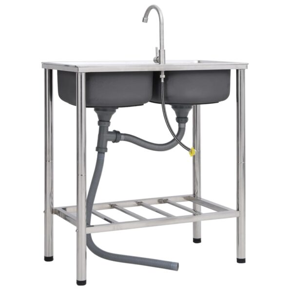 vidaXL Kempingový drez s dvomi umývadlami s kohútikom nehrdzavejúca oceľ – Obrázok 5