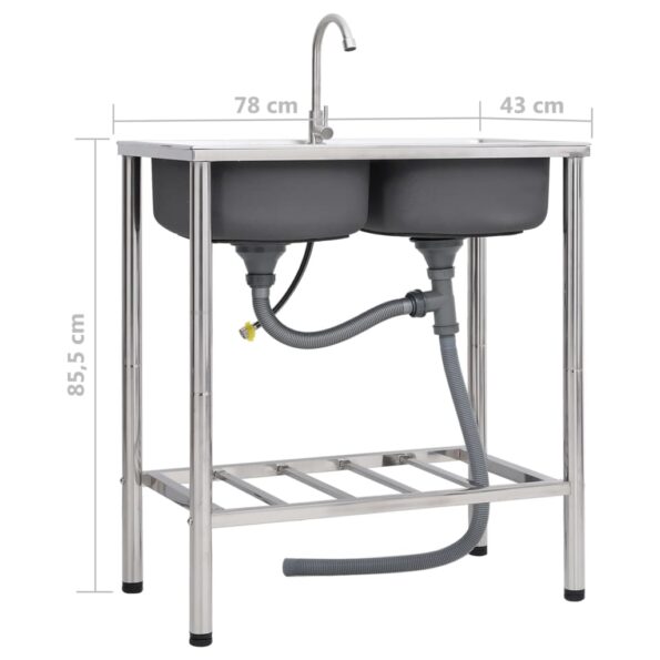 vidaXL Kempingový drez s dvomi umývadlami s kohútikom nehrdzavejúca oceľ – Obrázok 8