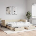 vidaXL Rozkladacia denná posteľ so zásuvkami krémová 100x200 cm látka