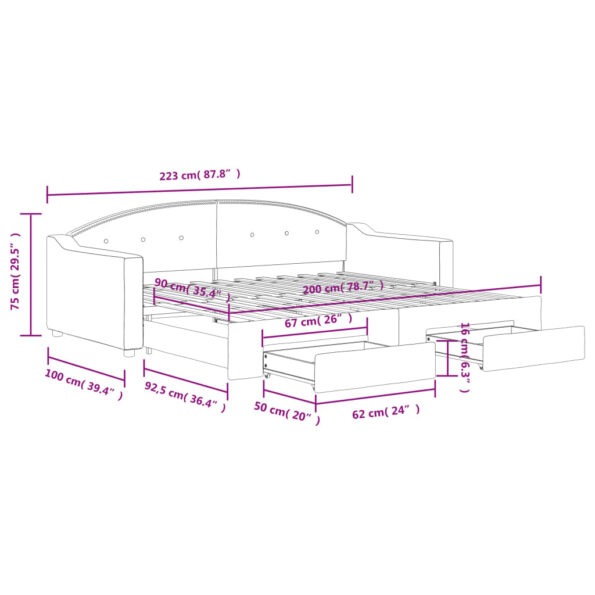 vidaXL Rozkladacia denná posteľ so zásuvkami tmavosivá 90x200 cm látka – Obrázok 12