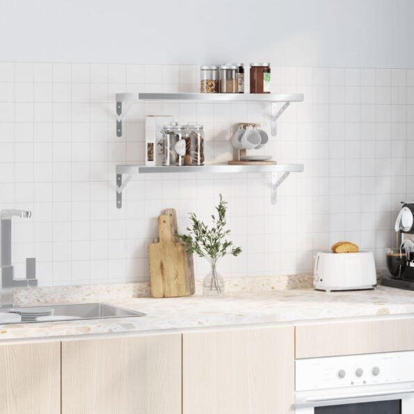 vidaXL Nástenné police 2 ks 75x23,5cm, strieborné, nehrdzavejúca oceľ – Obrázok 3