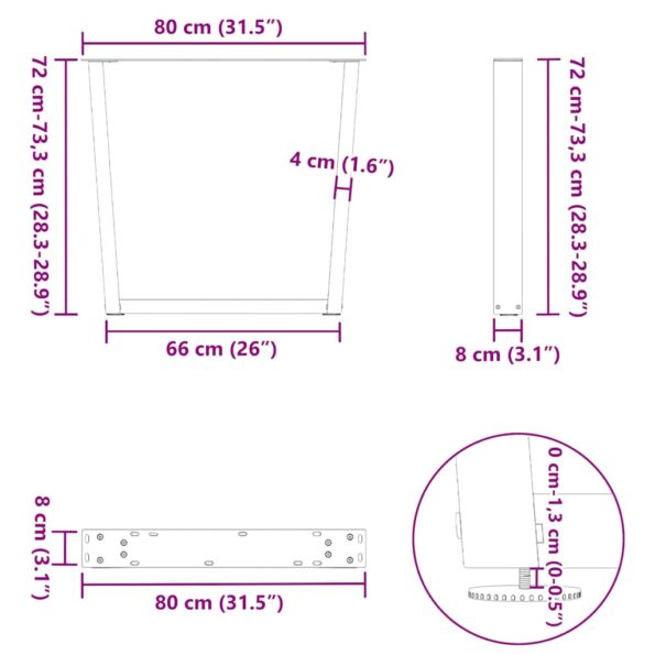 vidaXL Nohy k jedálenskému stolu v tvare V, 3 ks, prírodná oceľ, 80 x (72-73,3) cm, oceľ – Obrázok 11