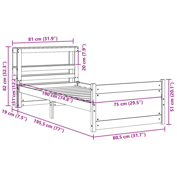 vidaXL Posteľný rám s čelom biely 75x190 cm borovicový masív – Obrázok 12