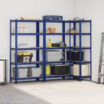 vidaXL 5-vrstvové úložné police 3 ks modré oceľ a spracované drevo – Obrázok 3