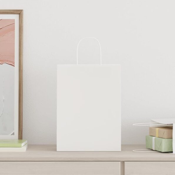 vidaXL Papierové tašky 50 ks s rúčkami, biele, 26x12x35 cm – Obrázok 2