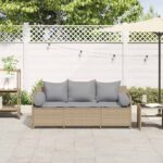 vidaXL Záhradná pohovka s vankúšmi 3-miestna béžová polyratanová – Obrázok 3