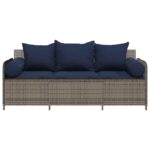 vidaXL Záhradná pohovka s podložkami, 3-miestna, sivá, polyratan – Obrázok 4