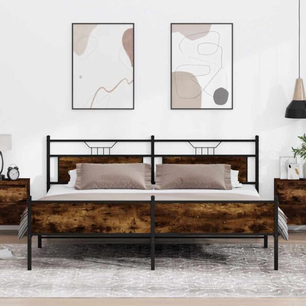 vidaXL Kovový posteľný rám bez matraca dymový dub 200x200 cm – Obrázok 4