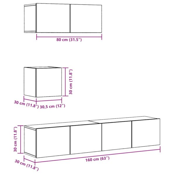 VidaXL 4-dielna súprava nástennej TV skrinky, kompozitné drevo – Obrázok 8