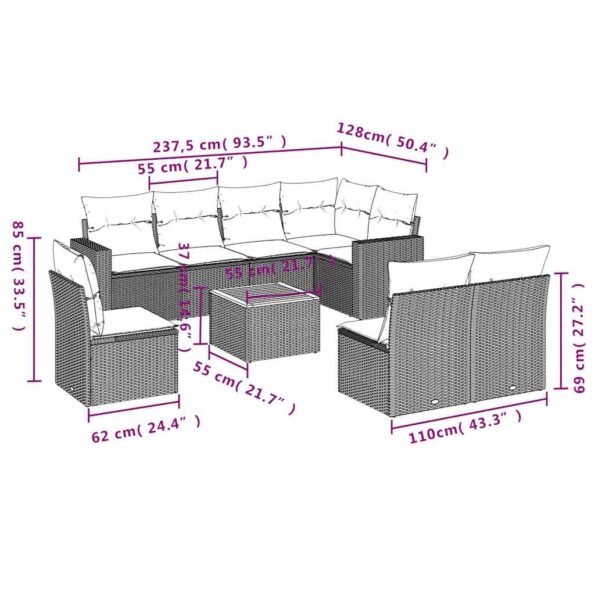 vidaXL 9-dielna záhradná súprava pohoviek s vankúšmi sivá polyratanová – Obrázok 12