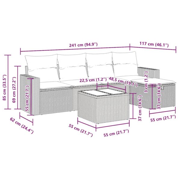 vidaXL 6-dielna záhradná sedacia súprava s vankúšmi hnedá polyratanová – Obrázok 13
