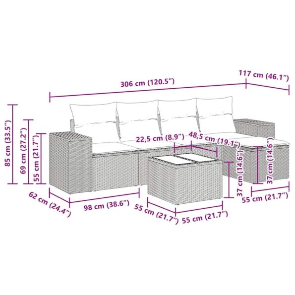 vidaXL 6-dielna záhradná sedacia súprava s vankúšmi hnedá polyratanová – Obrázok 13