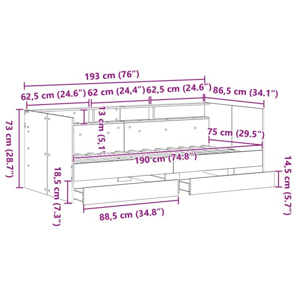 vidaXL Deň postele so zásuvkou Staré drevo Inžinierske drevo 75 x 190 cm – Obrázok 13