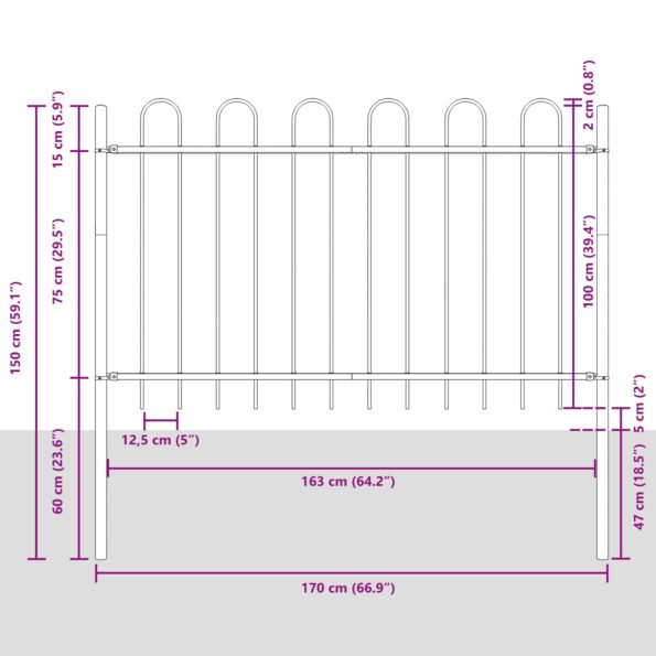 3334135_7.jpg vidaXL Záhradný plot s oblúkovým vrchom, šedý, 11,9x1 m, oceľ – Obrázok 7