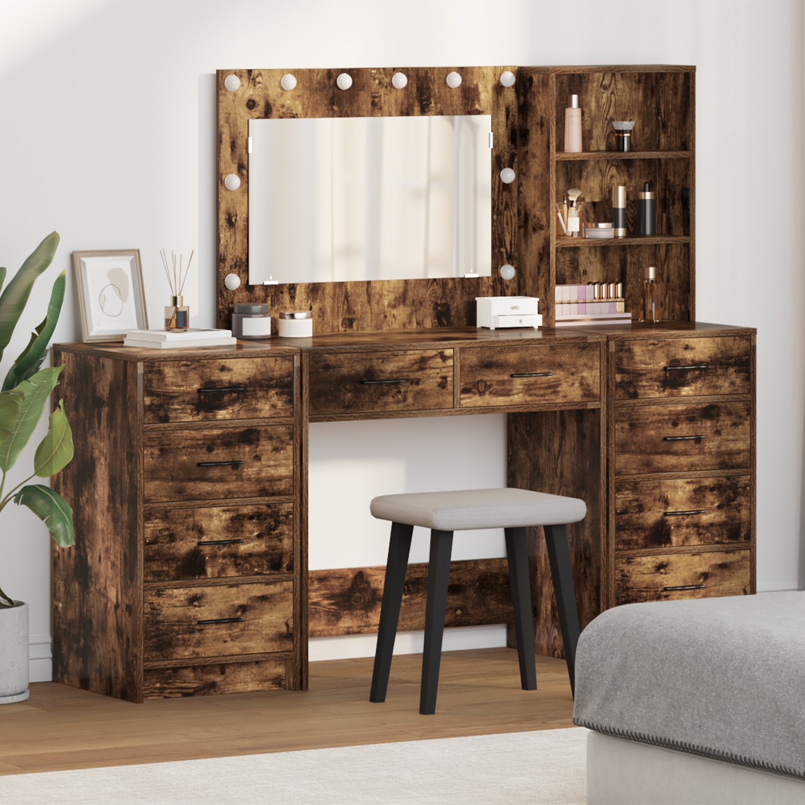 3334213_1.jpg vidaXL Toaletný stolík so zásuvkou 3 pcs Dymová dub Kompozitné drevo – Obrázok 1