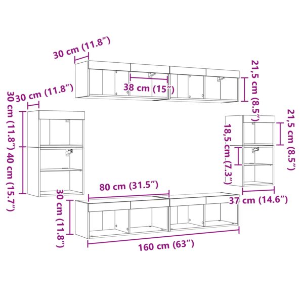 vidaXL 8-dielna TV nástenná jednotka s LED a povrchom z prírodného duba – Obrázok 13