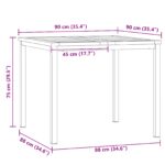 3-dielny záhradný jedálenský set vidaXL z masívneho akáciového dreva, Vonkajší jedálenský stôl vidaXL 90x90x74.5 cm z masívneho akáciového dreva, Súprava stohovateľných záhradných stoličiek vidaXL 2 kusy z masívneho akáciového dreva a ocele – Obrázok 12