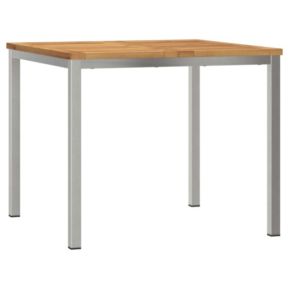 3-dielny záhradný jedálenský set vidaXL z masívneho akáciového dreva, Vonkajší jedálenský stôl vidaXL 90x90x74.5 cm z masívneho akáciového dreva, Súprava stohovateľných záhradných stoličiek vidaXL 2 kusy z masívneho akáciového dreva a ocele – Obrázok 5
