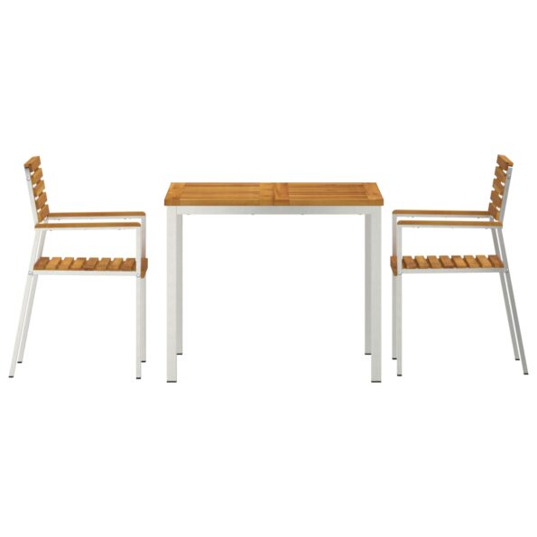 3-dielny záhradný jedálenský set vidaXL z masívneho akáciového dreva, Vonkajší jedálenský stôl vidaXL 90x90x74.5 cm z masívneho akáciového dreva, Súprava stohovateľných záhradných stoličiek vidaXL 2 kusy z masívneho akáciového dreva a ocele – Obrázok 7