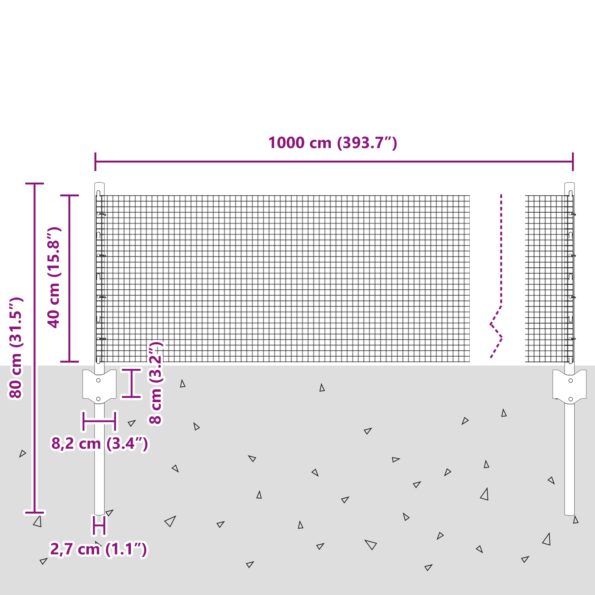 vidaXL Zváraný drôtový plot s 5 U stĺpikmi Strieborný 0.4x10 m Oceľ – Obrázok 10