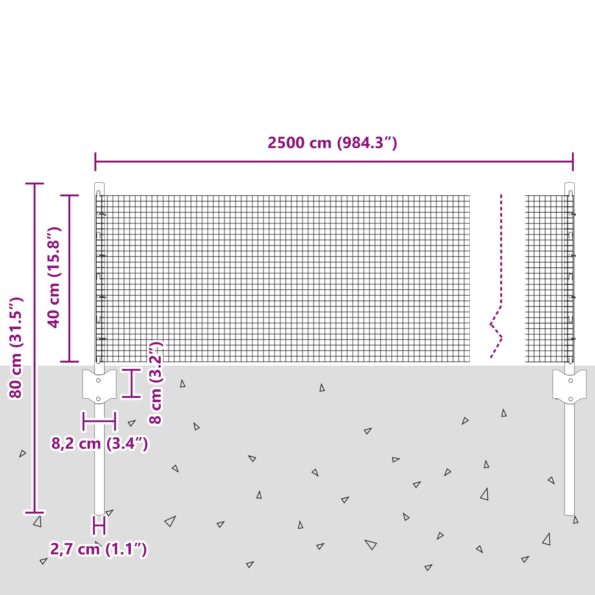 vidaXL Zváraný drôtený plot s 11 U stĺpmi Strieborný 0.4x25 m Oceľ – Obrázok 8