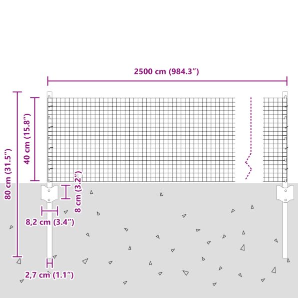 vidaXL Zváraný drôtový plot  s 11 U podstavcami Strieborný 0.4x25 m Oceľ – Obrázok 10