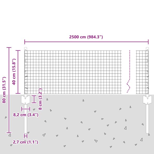 vidaXL Zváraná drôtová ohrada s 11 U stĺpikmi Strieborná 0.4x25 m Oceľ – Obrázok 10