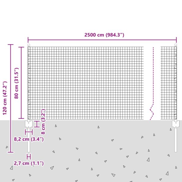 vidaXL Pozinkovaný drôtený plot s 11 U stĺpikmi strieborný 0.8x25 m oceľ – Obrázok 10
