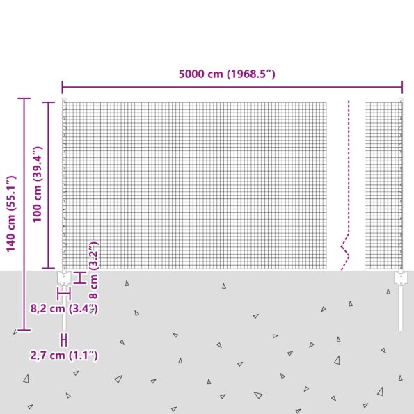vidaXL Zvárané pletivo s 44 U stĺpmi Strieborné 1x50 m Oceľ – Obrázok 12