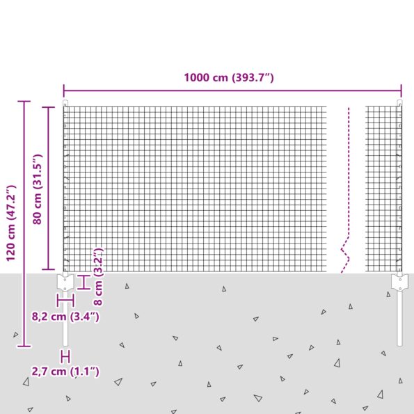 vidaXL Sivý zváraný drôtený plot s 5 U stĺpikmi 0.8x10 m z ocele – Obrázok 10