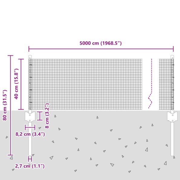 vidaXL Sivý zváraný drôtený plot  s 22 U stĺpikmi 0.4x50 m z ocele – Obrázok 8