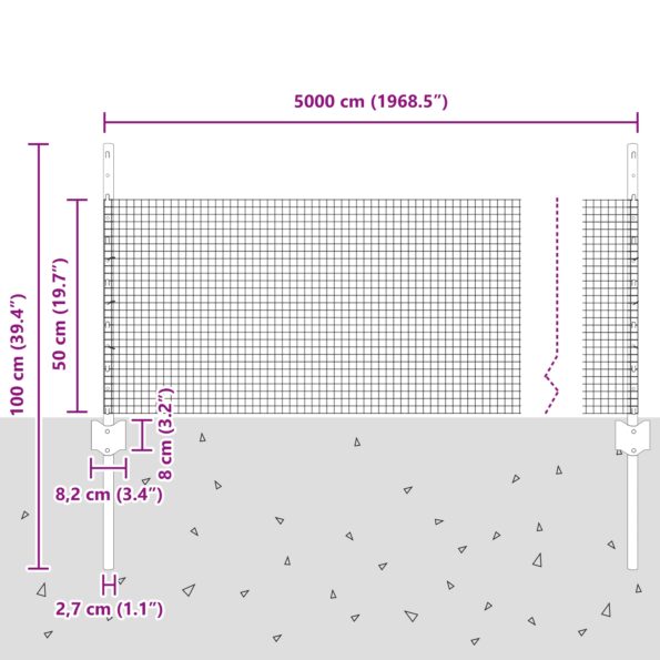 vidaXL Zvárané drôtené oplotenie s 22 U stĺpikmi Sivé 0,5x50 m Oceľ – Obrázok 10