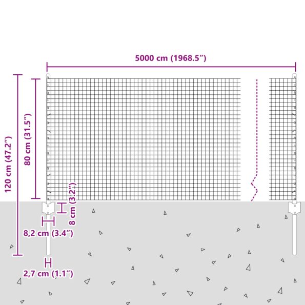 vidaXL Zváraný drôtový plot s 22 U stĺpikmi sivý 0.8x50 m oceľový – Obrázok 10