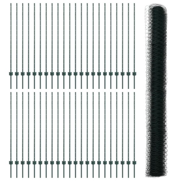 vidaXL stĺpiky plotu 11 kusov U-Channel Zelené 140 cm oceľ, vidaXL šesťuholníkový plot Zelený 1,4x100 m oceľ – Obrázok 4