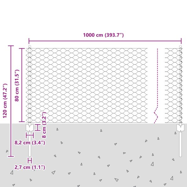 5 ks U-kanálových plotových stojanov vidaXL Sivá 80 cm z ocele, Sivý hexagonálny plot vidaXL 0.8x10 m z ocele – Obrázok 10