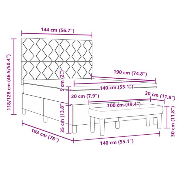 vidaXL Posteľ s boxspringom a matracom & lavičkou svetlosivá 140x190 cm zamat – Obrázok 13