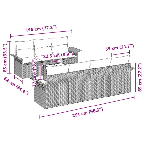 vidaXL 8-dielna sada záhradných sedačiek s vankúšmi Sivá Poly Ratan – Obrázok 11