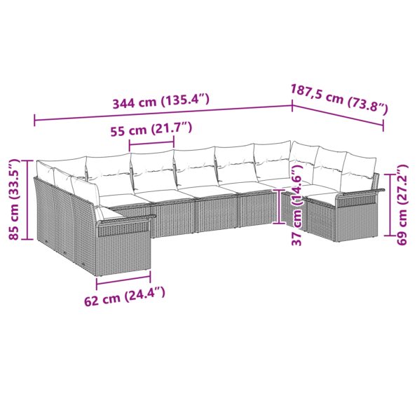 vidaXL 10-dielny záhradný pohovkový set s vankúšmi béžová poly ratan – Obrázok 11