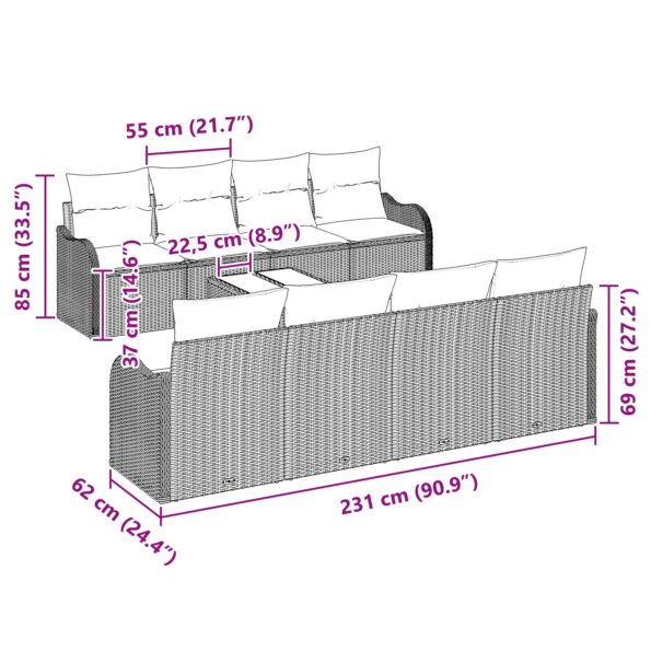 3345631_8.jpg vidaXL 9-dielny záhradný pohovkový set s vankúšmi Béžový Poly ratan – Obrázok 8