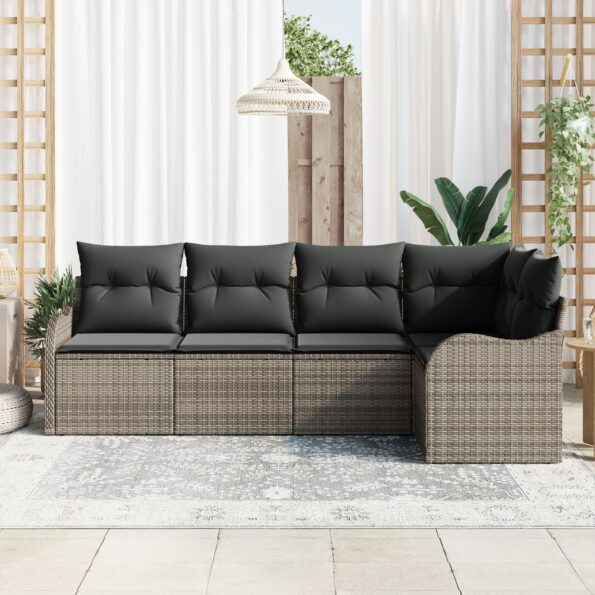 vidaXL 5-dielny záhradný sedací set s vankúšmi sivý poly ratan – Obrázok 3