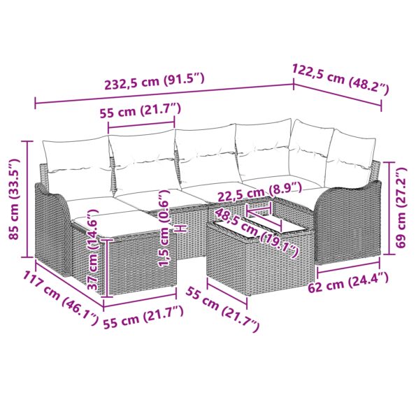 vidaXL 6-dielna záhradná pohovka so vankúšmi Hnedý Poly ratan – Obrázok 10