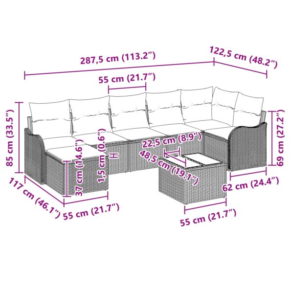 vidaXL 8-dielna súprava záhradnej pohovky s vankúšmi Hnedý polyratan – Obrázok 10