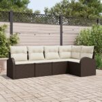 vidaXL 5-dielna záhradná pohovková súprava s vankúšmi, hnedá poly ratan