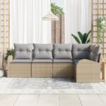 vidaXL 5-dielna súprava záhradných pohoviek s vankúšmi Béžová Poly Ratan – Obrázok 3