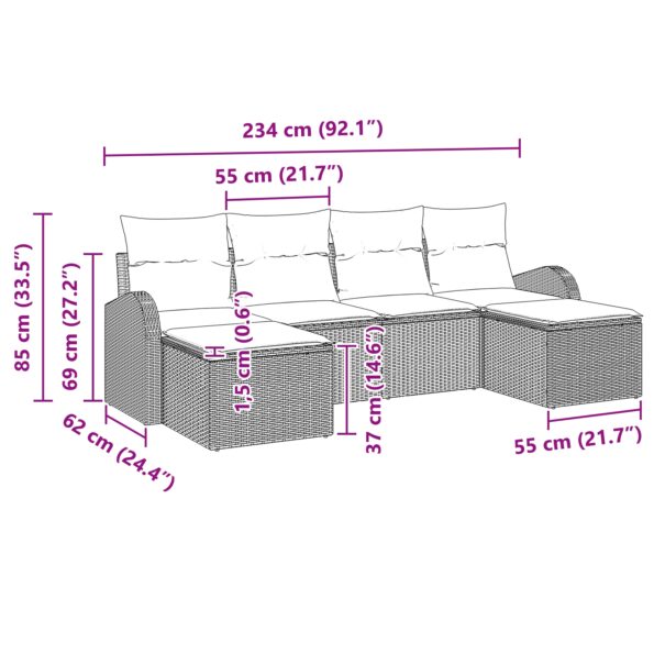 vidaXL 6-dielna sada záhradných pohoviek s vankúšmi Béžová Poly Ratan – Obrázok 11