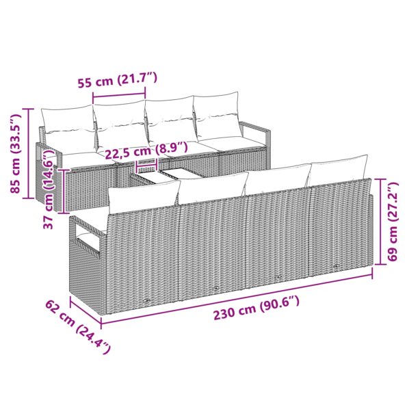 3346308_8.jpg vidaXL 9-dielny záhradný sedačkový set s vankúšmi, hnedá, poly ratan – Obrázok 8
