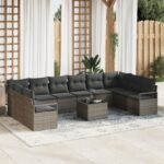 vidaXL 10 kusová súprava záhradnej pohovky s vankúšmi, čierny poly ratan